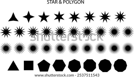 This image shows geometric shapes and stars with varying numbers of points. Starting from the top row, there is a star with only one point, progressing to the bottom row where the stars have five poin
