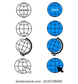 This image shows globe illustrations with latitude-longitude lines, www symbols, a physical globe, and a globe with a pointer. Black-white and blue colors symbolize global connection and the internet.