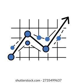 This image shows a graph with a rising trend line and blue data points on a grid background, indicating business growth and success