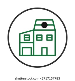Esta imagem mostra um desenho de contorno verde de uma estrutura, evocando o design ou os conceitos arquitetônicos. A simplicidade gráfica do edifício dentro de um círculo dá à imagem uma sensação moderna, adequada para