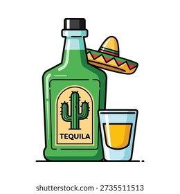 This image shows a green tequila bottle with a cactus label, a sombrero on top, and a shot glass filled with yellow liquid