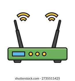 This image shows a green Wi-Fi router with two antennas and signal indicators. Featuring Wi Fi router, green router, wireless router