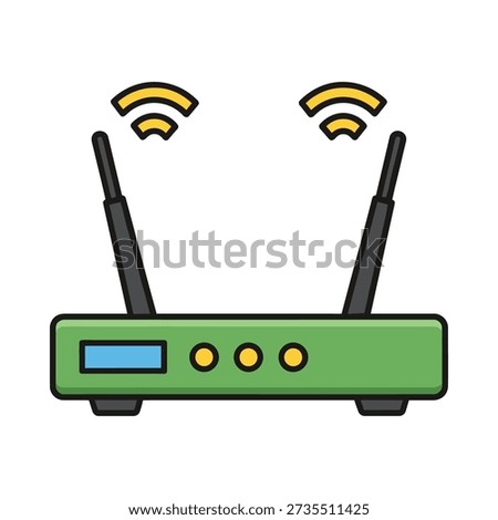 This image shows a green Wi-Fi router with two antennas and signal indicators. Featuring Wi Fi router, green router, wireless router