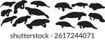 this image shows groups of manatee silhouettes, each one in a different pose, against a plain white background clearly.