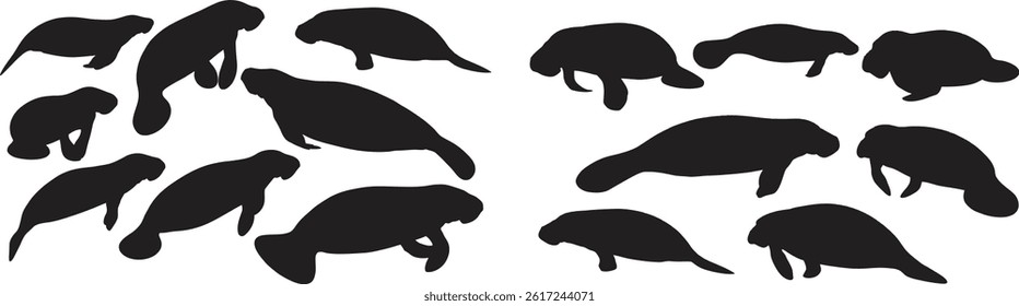this image shows groups of manatee silhouettes, each one in a different pose, against a plain white background clearly.
