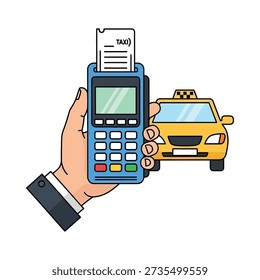 This image shows a hand holding a blue payment terminal with a taxi receipt and coins, next to a yellow taxi cab. Featuring yellow cab