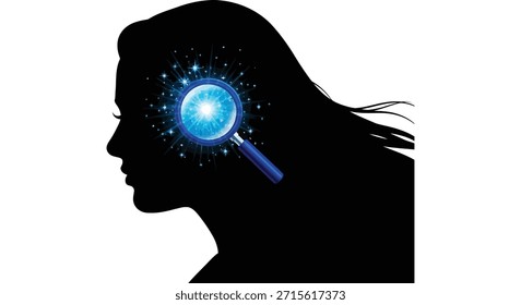 Esta imagem mostra a cabeça de uma mulher em uma silhueta impressionante, com um cérebro brilhante e lupa.