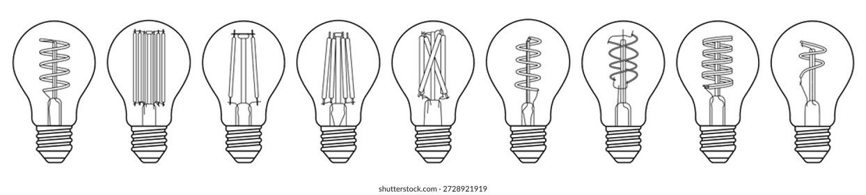 This image shows a horizontal set of nine classic light bulb illustrations, each distinguished by a unique internal filament design. Rendered in precise black line art on a white background, the bulbs share a traditional rounded glass form and standard screw base, creating visual consistency while allowing the filament variations to stand out.

The filaments differ in structure and style, including straight vertical rods, bundled multi-rod arrangements, crossed filament forms, loose and tight spiral coils, elongated helices, and asymmetrical curved designs. Together, these variations demonstrate the diversity of filament configurations used in incandescent and decorative Edison-style bulbs, blending technical accuracy with visual interest.