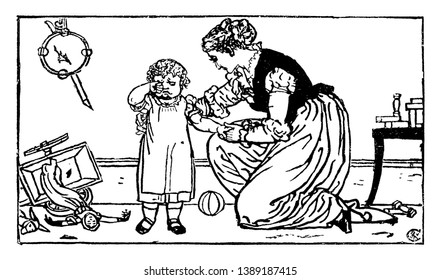 This image shows how patiently a mother is soothing her crying child, vintage line drawing or engraving illustration.