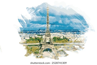 This image shows the iconic Eiffel Tower in Paris, standing tall in the center of the city with a vast view of surrounding buildings, streets, and green spaces