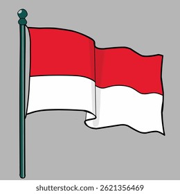 Esta imagem mostra uma ilustração da bandeira indonésia com cores vermelhas e brancas acenando em um mastro. A bandeira parece estar flutuando ao vento, criando uma impressão dinâmica e patriótica
