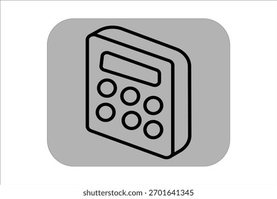 Esta imagem mostra um ícone de calculadora isométrica. A calculadora é desenhada com contornos em negrito e preto, apresentando uma pequena tela retangular na parte superior e vários botões circulares abaixo