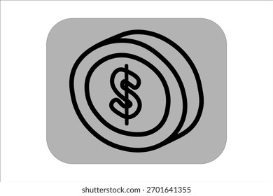 Esta Imagen muestra un ícono isométrico de una moneda con un contorno negro en negrita. La moneda está diseñada en forma circular 3D y colocada sobre un fondo gris cuadrado redondeado.