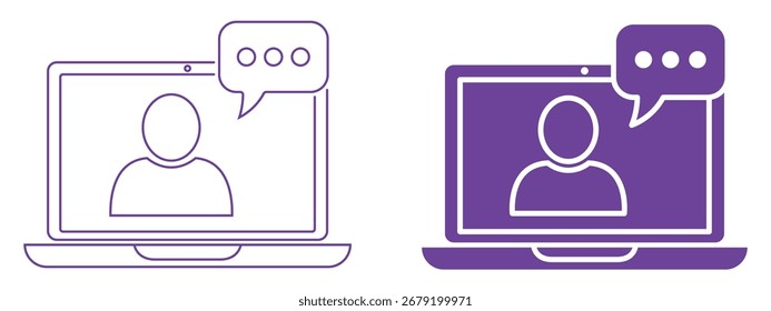 This image shows a laptop displaying a person with a speech bubble icon indicating conversation. It symbolizes digital communication, online meetings, and remote interaction.