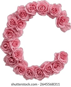 This image shows the letter "C" formed by a wreath of light pink roses, each rose meticulously detailed and arranged to create a visually appealing and elegant letter.