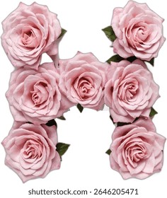 This image shows the letter 'H' artistically formed using six light pink roses, each rose meticulously arranged to create the letter's shape against a white background.
