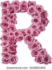 This image shows the letter "R" formed by many light purple roses, densely packed together to create the shape of the letter, each individual rose is slightly stylized, not hyperrealistic.