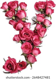 This image shows a letter "Y" creatively formed using numerous pink roses, their vibrant color and intricate details making the letter stand out vividly against a stark white background.