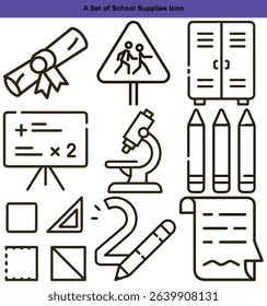 This image shows a line art school supply icon set including diploma, microscope, locker, pencils, geometry shapes, crosswalk sign, a document, and number 2.