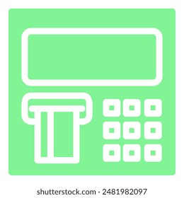 This image shows a line drawing of an ATM machine with a card reader, a keypad and a screen.