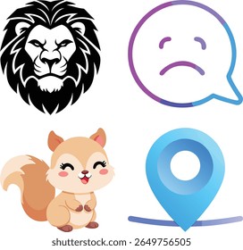 This image shows a lion, a sad face, a squirrel, and a location pin isolated on a white background.