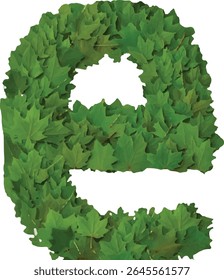 This image shows the lowercase letter "e" formed by a collection of vibrant green leaves, creating a natural and organic representation of the letter.