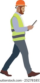This image shows a male engineer wearing a reflective yellow hard hat for safety on a construction site. He is walking with a tablet in hand, his eyes focused on the tablet