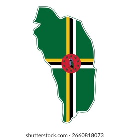 Esta imagem mostra um mapa de Dominica, colorido com a bandeira nacional. Um emblema central apresenta o Papagaio Sisserou. O design representa a identidade e a geografia dominicana.
