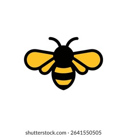 This image shows a minimalist bee illustration. The bee features a black body with yellow stripes and yellow wings, all outlined in black on a clean white background.