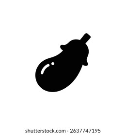 This image shows a minimalist black eggplant icon against a clean white background. The vector graphic features a slight highlight on the main body.