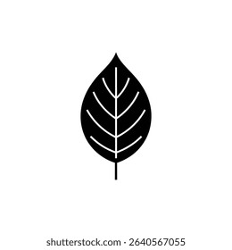This image shows a minimalist black leaf silhouette centered on a white background, highlighting its leaf veins and defined shape for design use.