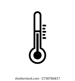 This image shows a minimalist, black and white line drawing of a thermometer with the mercury level rising close to the top, indicating a high temperature. The design is clean and modern, suitable for use in weather-related graphics, medical illustrations, or educational materials.