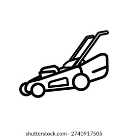 This image shows a minimalist, black-and-white line drawing of a self-propelled lawn mower. The mower is angled slightly to the left, with its cutting deck facing forward and the handlebars extended upward. The design emphasizes the mower’s structure, including the deck, wheels, blades, and handle, giving a clear and simplified representation suitable for icons or instructional materials.