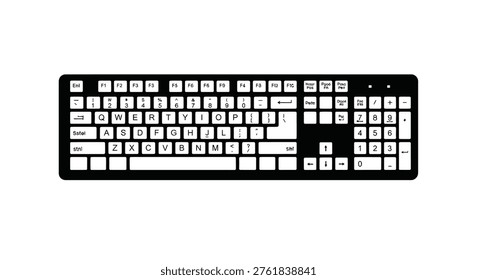 This image shows a minimalist, black-and-white depiction of a standard computer keyboard, featuring a traditional qwerty layout and rectangular keycaps. high-quality professional detailed