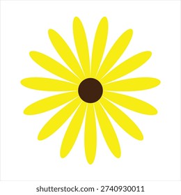 This image shows a minimalist graphic illustration of a flower, viewed from the front. The flower features bright yellow, elongated petals arranged symmetrically around a solid, dark brown circular center. There appear to be twelve petals radiating outwards. The entire design is simple and set against a plain white background.
