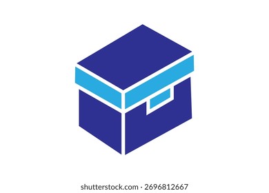 Dieses Bild zeigt ein minimalistisches Symbol einer geschlossenen Aufbewahrungsbox oder eines Containers. Die Box ist im isometrischen Stil mit einem dunkelblauen Körper und einem hellblauen Deckelakzent dargestellt.
