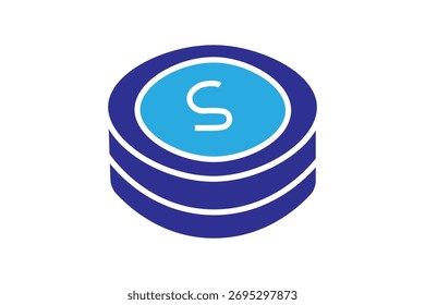 Esta imagem mostra uma ilustração isométrica minimalista das moedas empilhadas. As moedas são desenhadas em azul escuro com um centro azul claro, apresentando a letra "S" como um símbolo de dinheiro ou poupança.