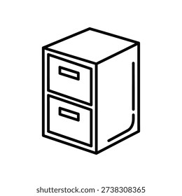 This image shows a minimalist line drawing of a two-drawer filing cabinet. The cabinet is illustrated in a simple, isometric perspective with a focus on its basic geometric shapes. The drawers are closed and aligned horizontally, with a subtle shadow to add depth. The design is clean and lacks any additional decorative elements, making it suitable for various uses like icons, diagrams, or instructional materials.
