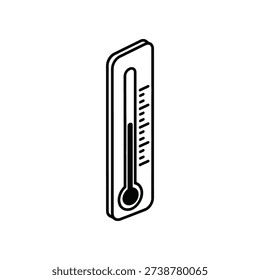This image shows a minimalist line drawing of a traditional mercury thermometer. The thermometer has a vertical tube with a liquid-filled bulb at the bottom and a scale marked on the tube. The design is clean and monochromatic, suitable for use in educational materials, weather apps, or medical illustrations.