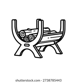 This image shows a minimalist line drawing of a basic wooden cart, supported by two cylindrical wheels and a simple crossbar frame. The cart appears to be empty, with a flatbed design, likely used for transporting goods or materials in historical or rustic settings. The drawing emphasizes the structural simplicity and functionality of the cart.