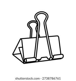 This image shows a minimalist line drawing of two binder clips connected together by their springs, rendered in black and white. The design highlights the structural details of the clips, including their hinges and the way they interlock.