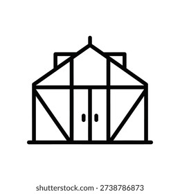 This image shows a minimalist line drawing of a greenhouse structure. The design features a symmetrical roof with triangular peaks, a central double door, and a clear depiction of the internal framework supporting the glass or plastic panels. The base is elevated slightly above ground level, indicating a foundational support.