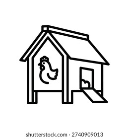 This image shows a minimalist line drawing of a doghouse with a sloped roof, elevated on short legs. Inside the doghouse, there is a simple depiction of a dog lying down. The doghouse has a small ramp leading to an open doorway, suggesting accessibility for the dog.