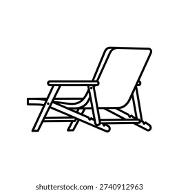 This image shows a minimalist line drawing of a folding deck chair with a reclined backrest and footrest extended. The chair appears to be made of metal or plastic with a fabric or mesh seat, designed for outdoor use and relaxation.