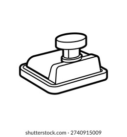 This image shows a minimalist line drawing of a push button or switch. The button has a square base with rounded corners and a cylindrical knob on top, likely used for manual operation in various devices or machinery.