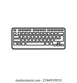 This image shows a minimalist line drawing of a standard computer keyboard. The layout includes alphanumeric keys, function keys on the top row, navigation keys on the right, and a space bar in the center. The design is simple and lacks detailed textures or colors, focusing on the overall structure.