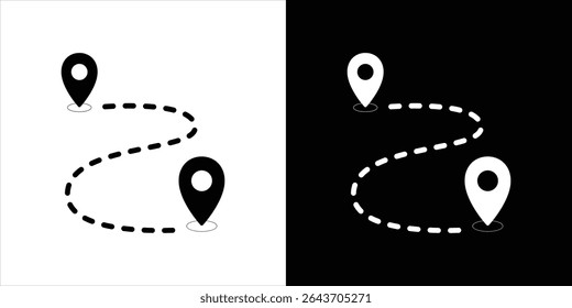 This image shows a minimalist route map icon featuring three location pins connected by a dashed line, presented in both black and white variations.