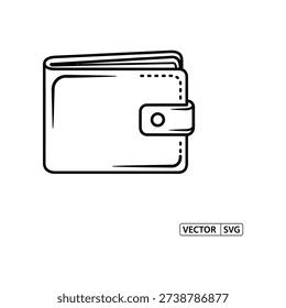 This image shows a minimalist, vector-style line drawing of an empty wallet. The wallet is depicted with a strap on the left side and a clip on the right, both designed with dashed lines to indicate they are not filled in or attached. The wallet has a rectangular shape with a slight fold at the top, giving it a realistic yet stylized appearance.