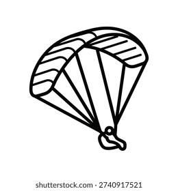 This image shows a minimalistic black and white line drawing of a parachute fully deployed. The parachute canopy is divided into several segments, and it is connected to a harness system with lines extending downward, suggesting it is ready for use in skydiving or parachuting activities.