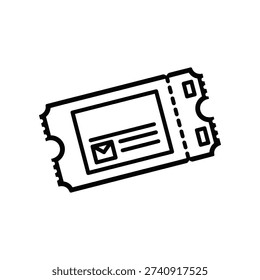 This image shows a minimalistic line drawing of a perforated ticket stub. The stub has a rectangular shape with rounded corners and two small perforations on the sides, indicating it is part of a series. Inside the rectangle, there is a smaller rectangular area with horizontal lines, suggesting a space for writing or printing information such as a date, event, or code. The design is clean and straightforward, often used to symbolize admission tickets, event passes, or transportation tickets in graphic design and user interfaces.